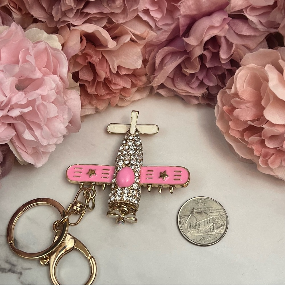 Whimsical Pink & Gold Crystal Airplane Keychain Charm - Picture 12 of 16